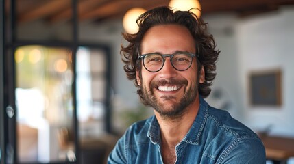 A man with glasses is smiling and wearing a blue shirt - obrazy, fototapety, plakaty