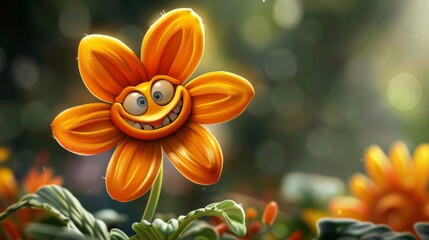 A cartoonish orange flower with a big smile on its face - 778852367