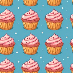 Vibrant Polka Dot Cupcake Pattern on Blue Background