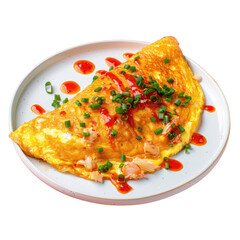 A plate with a fluffy omelet and savory sauce