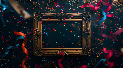 A photo of an empty antiqued gold picture frame surrounded by confetti and streamers in rich colors like deep red