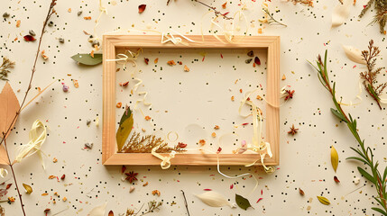 A photo of an empty wooden picture frame surrounded by confetti and streamers in earthy tones like terracotta