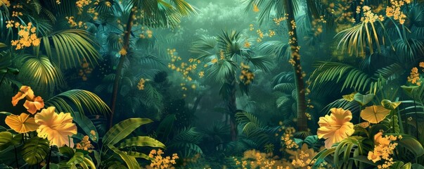 Fototapeta na wymiar Lush digital artwork of a dense tropical forest with vibrant flora under a misty light