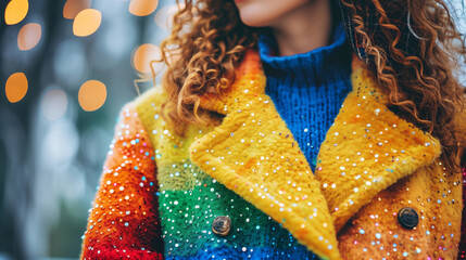 A woman with curly hair is wearing a colorful jacket with a blue sweater underneath. The jacket is covered in glitter and has a rainbow pattern. The woman is standing in front of a tree. fashion