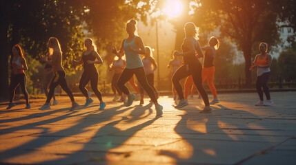 Group of people participating in a functional training class outdoors - obrazy, fototapety, plakaty