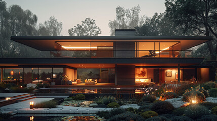 Nighttime picture of a modernist home with both interior and outdoor lighting.