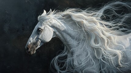 Obraz na płótnie Canvas Majestic White Horse with Flowing Mane Galloping Through the Darkness A Striking Artistic Painting