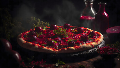 Gourmet Beetroot and Berry Pizza on Rustic Wooden Table