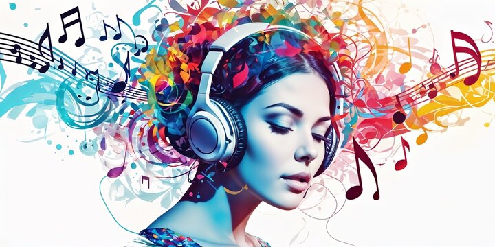 woman wearing headphones with music paint notes surrounding her.