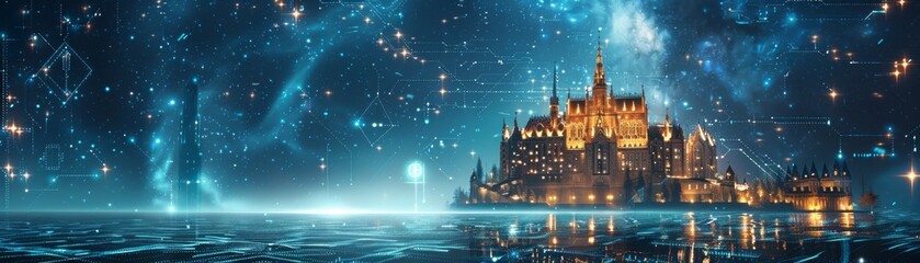 Cyber-secured castles with digital moats - obrazy, fototapety, plakaty