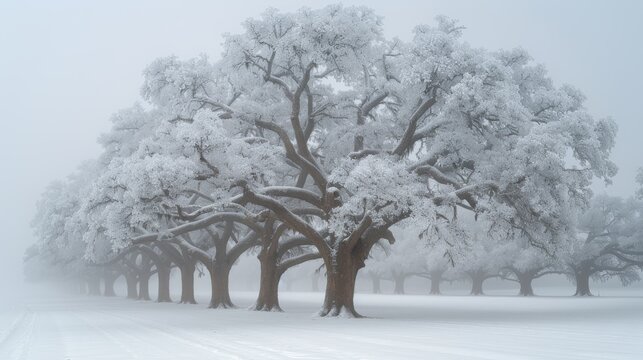   A field of snow-covered trees in a foggy winter landscape