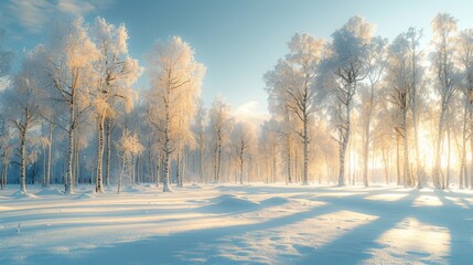   The sun shines through the trees in a snowy area, casting snowflakes onto the ground below