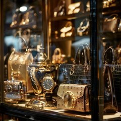Close-up of designer handbags and watches in a lavish boutique
