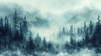 Panoramic view of spruce forest in fog seen from above - obrazy, fototapety, plakaty