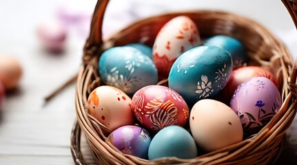 Fototapeta na wymiar multi-colored chicken eggs grouped inside a rustic basket Soft pastel-colored Closeup of rare bird eggs in a camouflaged nest created.