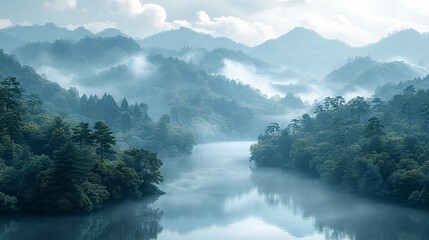   Amidst a dense forest fog, a tranquil lake rests within verdant tree lines