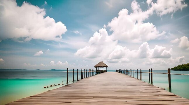 Serene Tropical Paradise: Wooden Pier Leading to a Thatched Gazebo Over Crystal Clear Waters