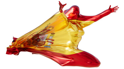 Artistic rendition of an abstract form shrouded in the vibrant hues and coat of arms of Spain's flag, radiating against a black space.