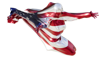 This evocative image showcases an abstract figure wrapped in the iconic red, white, and blue of the...