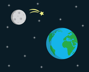 Earth and Moon in Space Flat Style. Space exploration and solar system concept vector