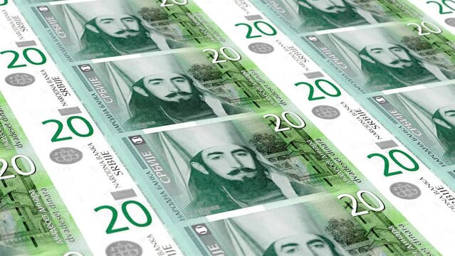 Serbia Serbian Dinar 20 Banknotes Money Printing House, Printing Twenty Serbian Dinar, Printing Press Machine Print out Serbian Dinar, Being printed by currency press machine 20 Serbian