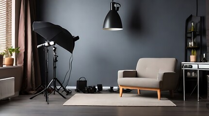 Studio for photo sessions. Professional photographer's work place. Sunny workspace interior with grey background and kit of illumination equipment like lamp, spotlight and lighting umbrella.