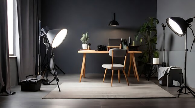 Studio for photo sessions. Professional photographer's work place. Sunny workspace interior with grey background and kit of illumination equipment like lamp, spotlight and lighting umbrella.