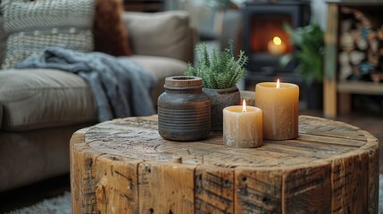   A pair of candles on a wooden table in front of a cozy living room with furniture and a fireplace