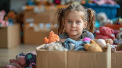 Young child girl  sorting and assembling children's toys and clothing in craft paper made boxes at residence to donate to low-income households and space, Generative AI.