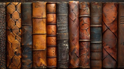 Vintage leather book spines on shelf - obrazy, fototapety, plakaty