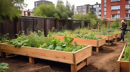 Wooden raided beds in an urban garden. People harvesting fresh vegetables, herbs spices in city urban community garden near their home. Sustainable living lifestyle - obrazy, fototapety, plakaty