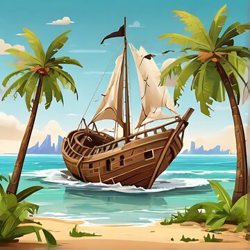 Shipwreck on tropical island. Old sailboat vector cartoon illustration