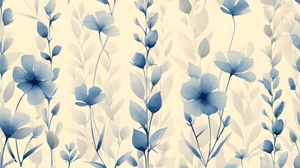 Soft Pastel Blue Floral Pattern on Cream Background: Delicate Elegance, Hand Edited Generative AI - obrazy, fototapety, plakaty