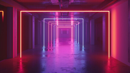 A labyrinth of neon tubes, casting a surreal glow against a backdrop of darkness within an empty gallery frame.