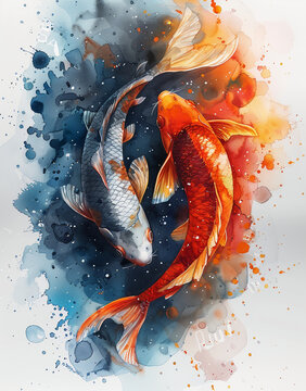 illustration watercolor, Japanese culture, fish in the pond, bright color --ar 7:9 --stylize 750