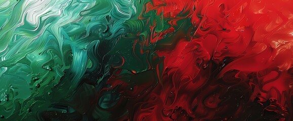 Fototapeta na wymiar Crimson red and deep emerald green merge, painting an abstract portrait of passion and nature.