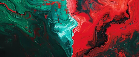 Crimson red and deep emerald green merge, painting an abstract portrait of passion and nature.