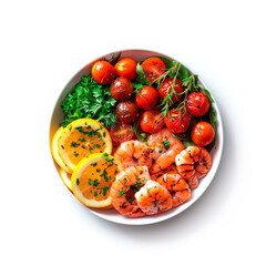 White Bowl Filled With Shrimp, Tomatoes, and Lemon Wedges. Generative AI