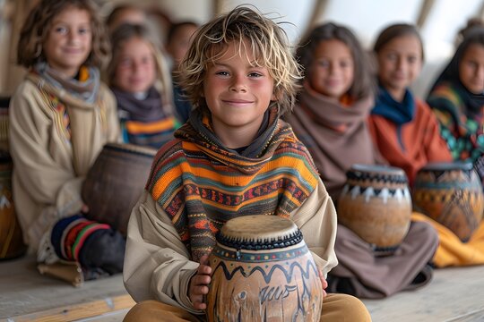 Group of Children Sitting on the Floor With Pottery