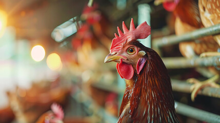 Close-up of a rooster and hens on a chicken farm. Poultry farm industry. Agriculture. Generative AI