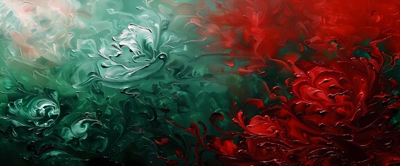 Crimson red and deep emerald green merge, painting an abstract portrait of passion and nature.