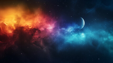 Fototapeta premium Blend alchemical symbols (sun, moon, planets) with cosmic dust. Picture an alchemist’s laboratory in the heart of a nebula, where transformation occurs. Colorful. Vibrant.