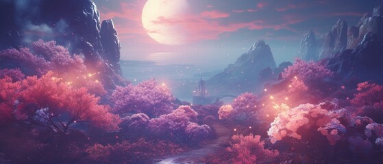 A beautiful pink and purple landscape with a large moon in the sky - obrazy, fototapety, plakaty
