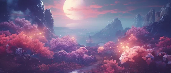 Foto op Aluminium A beautiful pink and purple landscape with a large moon in the sky © AnuStudio