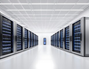 Shot of Modern Data Center With Multiple Rows of Fully Operational Server Racks. Modern High-Tech Telecommunications Database Super Computer in a Room.