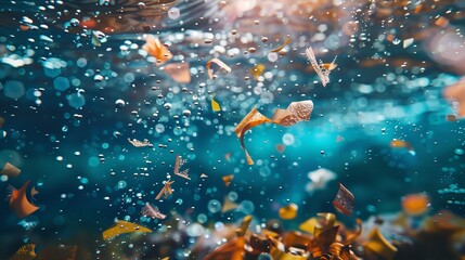 Microplastics are floating on sea water a awareness of water pollution and save environment with space for text, Generative AI.