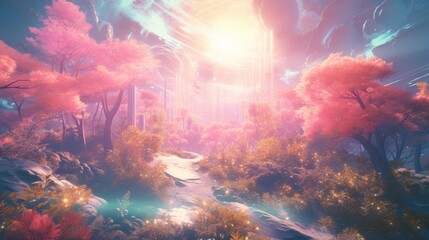 A forest with pink trees and a sun shining through the trees
