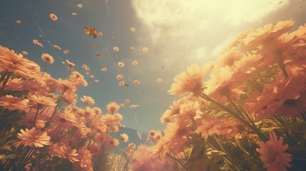 Obraz na płótnie Canvas A field of yellow flowers with butterflies flying around