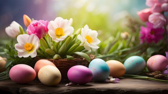 A rustic basket filled with painted Easter eggs and surrounded by beautiful spring flowers on a wooden surface