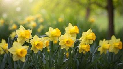 Rich yellow daffodils bask in the warmth of spring sun, their vivid petals contrast against the lush green background in this splendid shot
